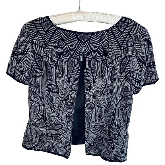 PAPELL Boutique Evening Formal Beaded Blouse Black Silver Cocktail Party - Picture 8 of 11